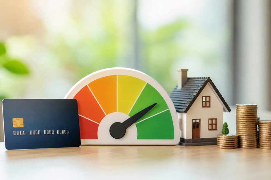 Credit score gauge beside a credit card, house model, and coin stacks, symbolizing better credit and financial growth.