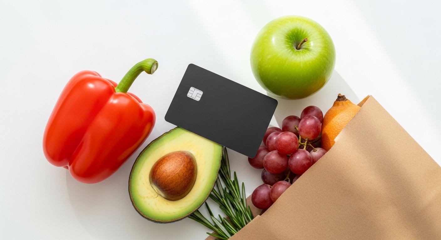 Best credit cards for groceries in the USA showing a credit card placed on fresh produce and a grocery bag representing cashback rewards on supermarket spending for American households in 2026
