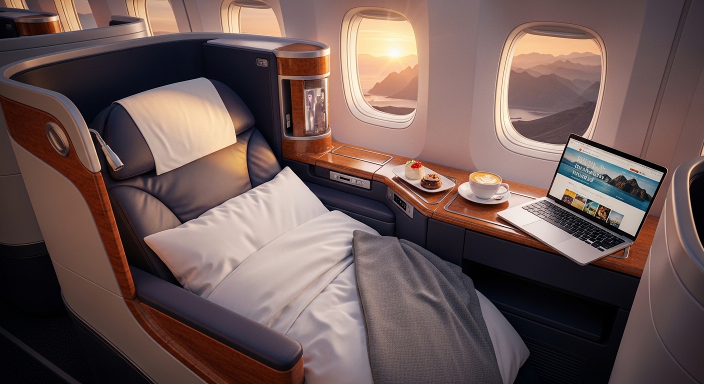 View of a luxury international first-class airline suite, illustrating the travel value of the Amex 300k points offer.