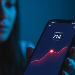 Smartphone screen displaying a credit score dropping to 714, illustrating the recent decline in the U.S. national average due to student loans and mortgages.