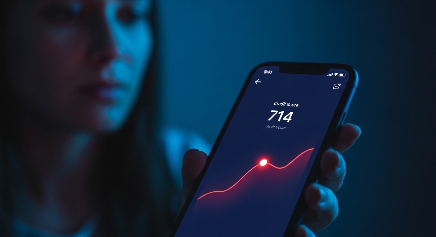 Smartphone screen displaying a credit score dropping to 714, illustrating the recent decline in the U.S. national average due to student loans and mortgages.