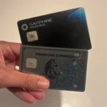 Six credit cards split into two groups representing the Chase Trifecta and Amex Trifecta rewards strategies compared side by side in 2026