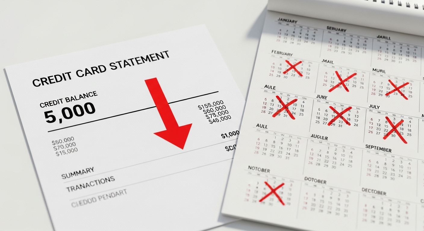 A credit card statement showing $5,000 in debt next to a payoff calendar illustrating the 18-month balance transfer strategy for Americans paying off credit card debt in 2026