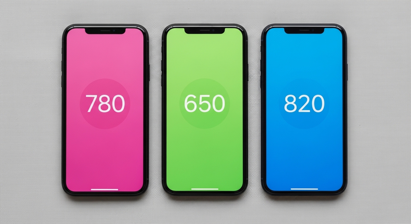 Three smartphones showing different credit score numbers illustrating why credit scores vary across different apps and bureaus in the USA