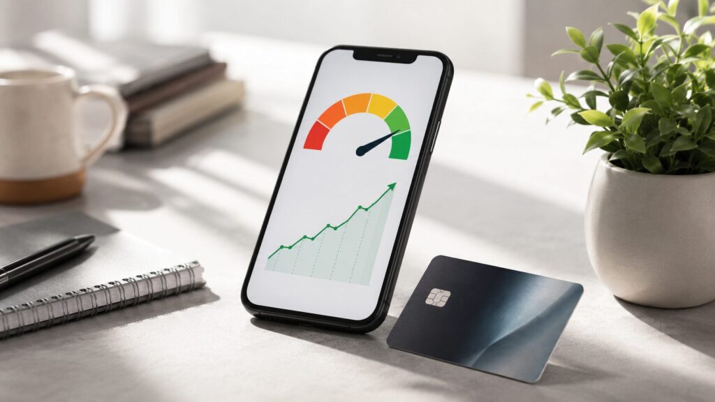 Smartphone showing a rising credit score chart beside a credit card on a clean desk, representing credit building progress.