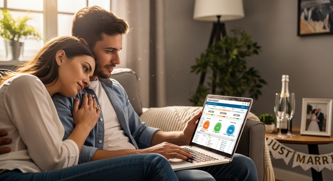 Couple reviewing their credit scores together after getting married in the USA