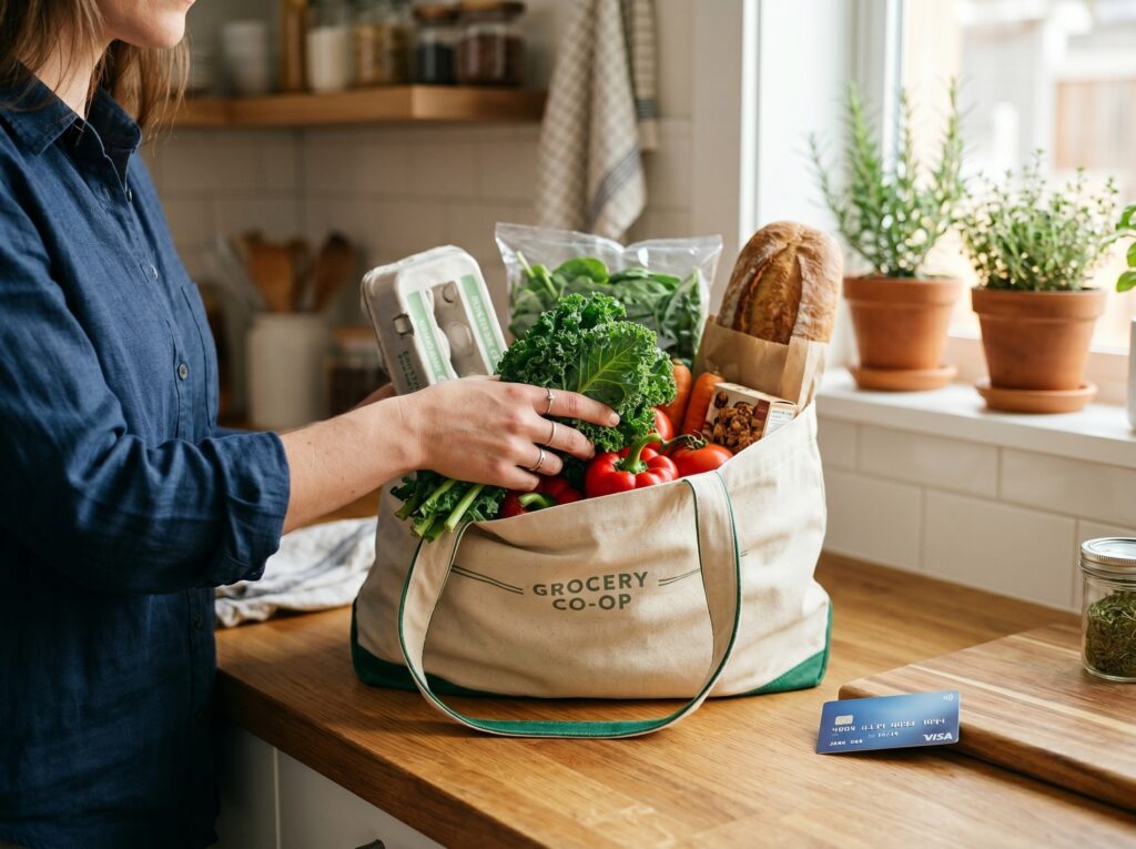 Person buying groceries earning 6% cash back with the Blue Cash Preferred card — best credit card for supermarket spending in 2026