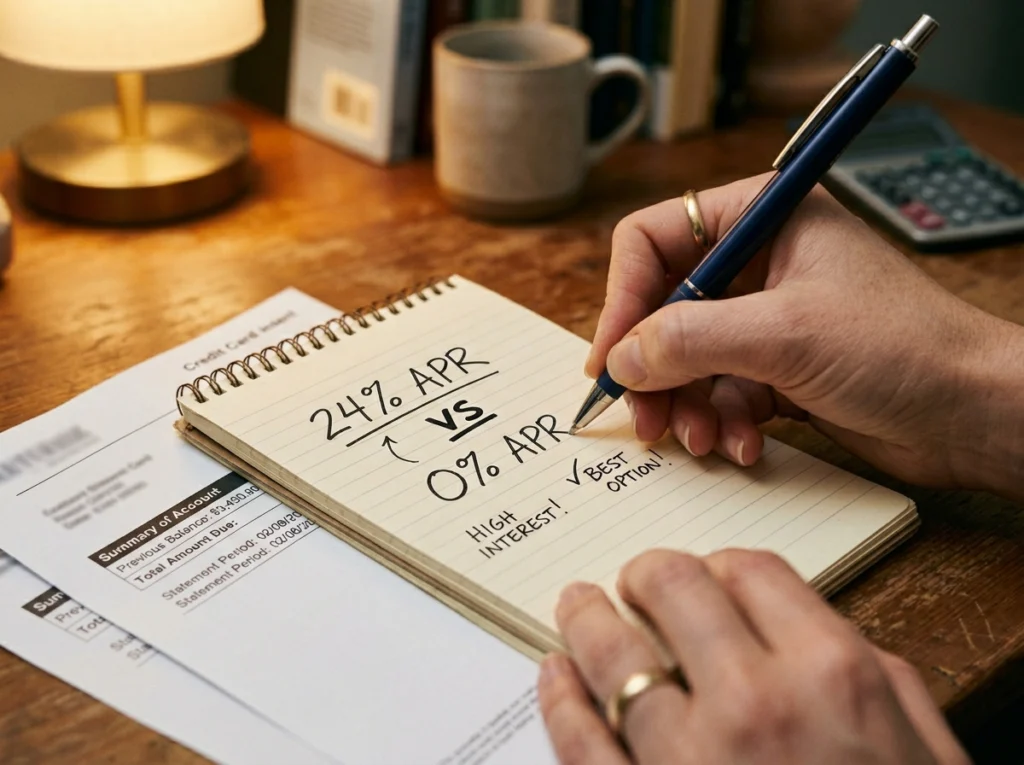 Calculating interest savings from a balance transfer — moving debt from 24% APR to 0% intro APR saves hundreds of dollars in 2026