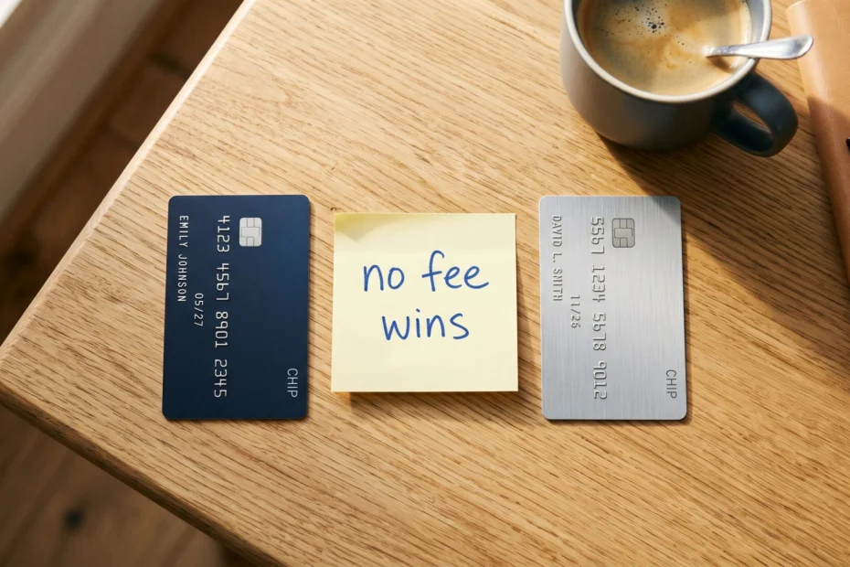 Comparing no annual fee credit cards versus annual fee cards — for most Americans the no fee option wins after subtracting the yearly cost